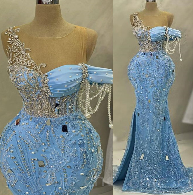 2023 May Aso Ebi Beaded Crystals Prom Dress Sequined Lace Mermaid Evening Formal Party Second Reception Birthday Engagement Gowns Dress Robe De Soiree