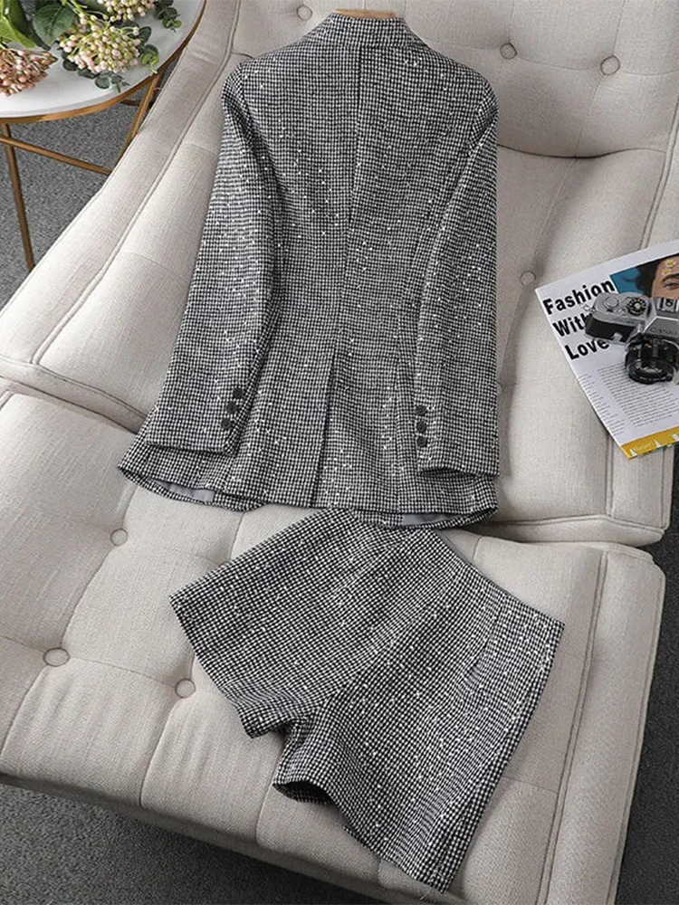 Women's Two Piece Pants Women Lattice Vintage Blazers Shorts Two-piece Suit Spring Autumn High Waist Mini Casual Shorts Two Piece Set for Women 2