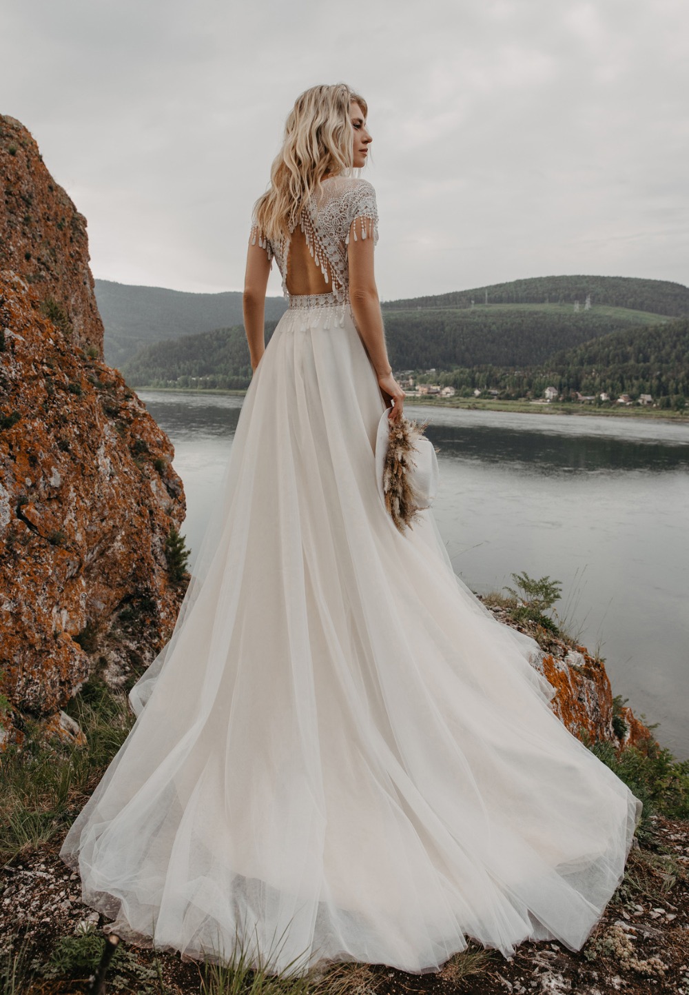 Bohemian Beach Wedding Dress Short Sleeves Lace Appliques A Line Tulle Bridal Gowns Sexy Open Back Long Summer Robe De Mariage 2023