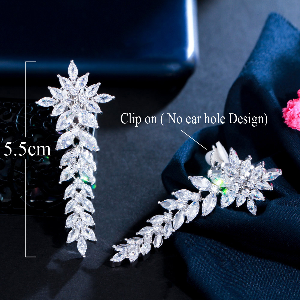 Ear Cuff CWWZircons Long Leaf Drop Clip Earrings Without Perforated Earrings Cubic Zirconia Crystal Set Women's Wedding Party Accessories CZ404 2