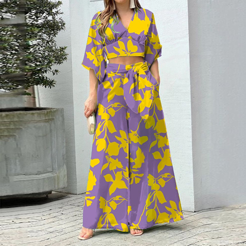 Women's Two Piece Pants Summer Women Printed Casual Versatile Suit V-Neck Short Top High Waist Wide Leg Pants Fashion Two Piece Set Women Clothin