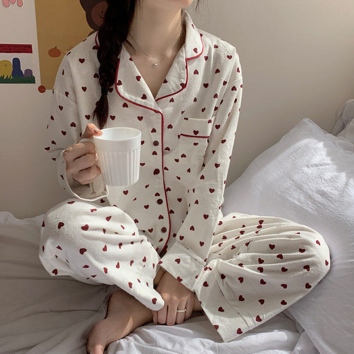 Women's Sleepwear Pajamas for Women Korean Heart Print Autumn Sleepwear Kawaii Pijamas 2 Piece Female Set Suit Whit Pants Pyjamas Loungewear