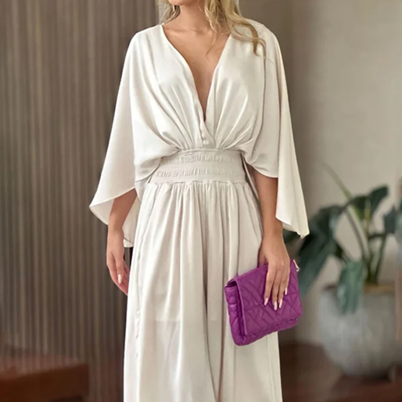 Women's Two Piece Pants LIYONG Women Jumpsuit Sexy V Neck Solid Color Bat Long Sleeve Nipped Waist Loose Wide Legs Casual Pants Romper High Stree