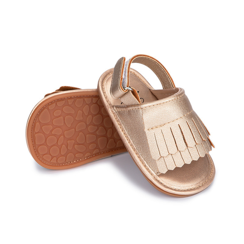 Sandals Summer Baby Sandals Baby Girl Shoes Flats PU Gold Anti-Slip Rubber Sole Tassel born First Walker Toddler Girl Sandals 230515