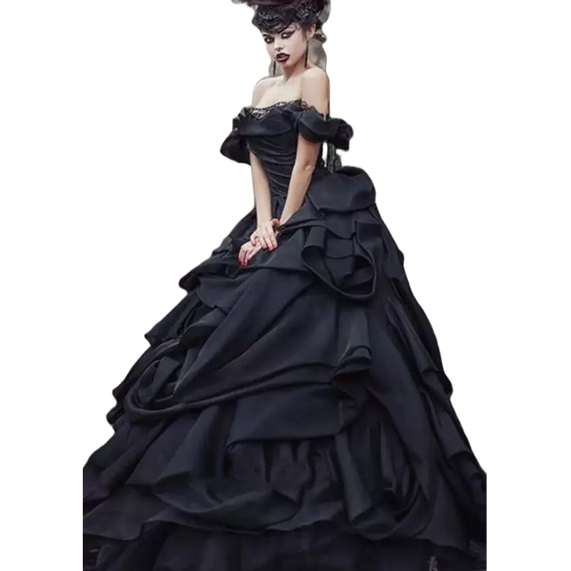 Vintage Gothic Black Wedding Dress Off The Shoulder Ruched Drapped Skirt Retro Bride Mariage Dresses Outdoor Long Bridal Gowns