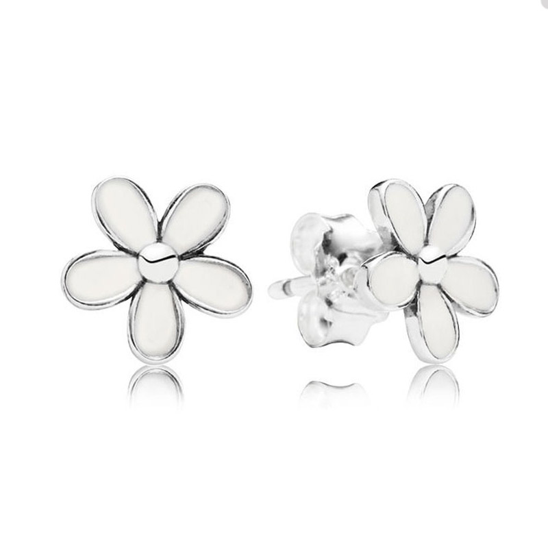 White Daisy Flower Stud Earrings for Pandora Authentic Sterling Silver Party Jewelry diamond Earring Set For Women Sisters Gift Cute earring with Original Box