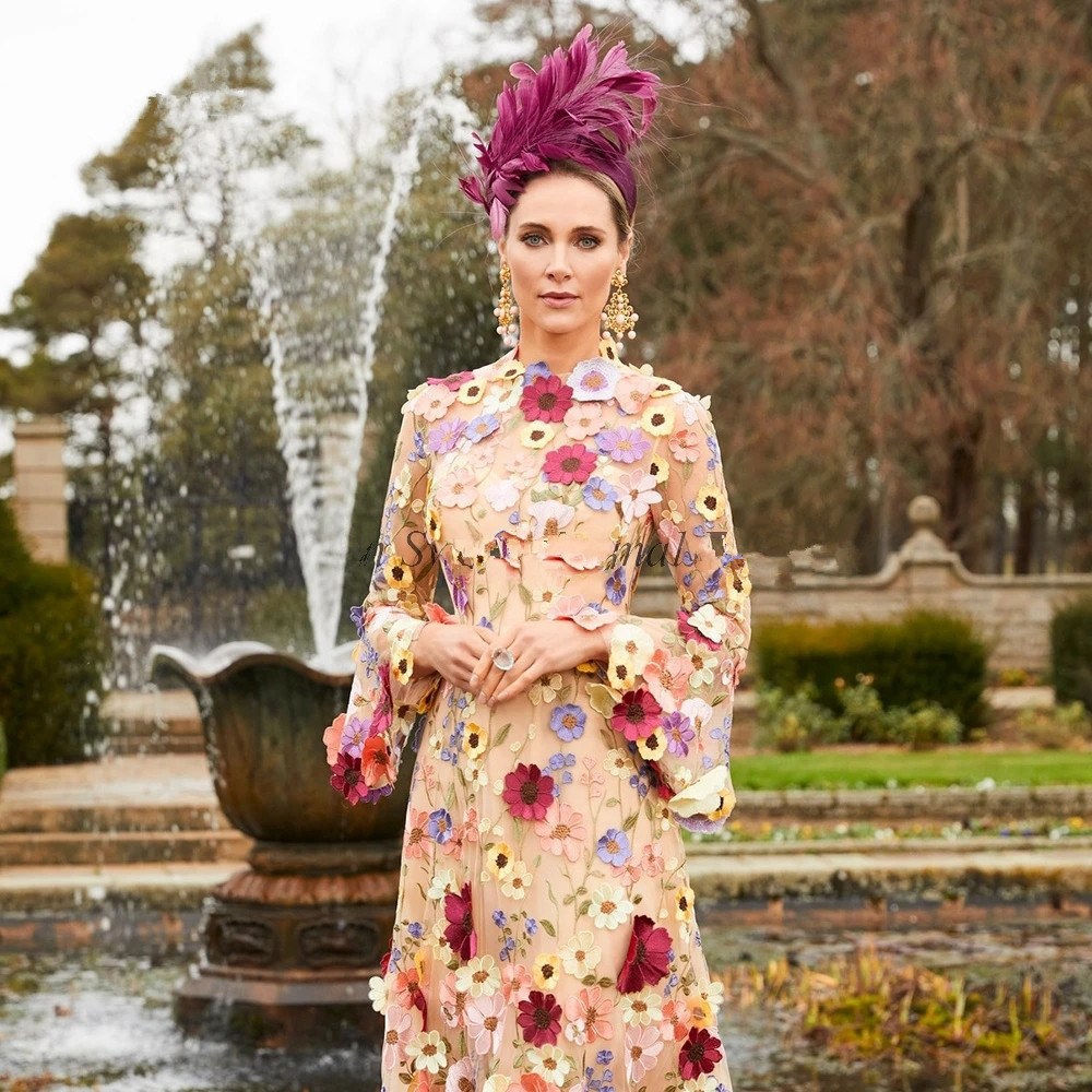 3D Floral Mother of Bride Dresses Tea Length Flowers Wedding Guest Gown with 3/4 Sleeve Mother's Party occasion gown Wear