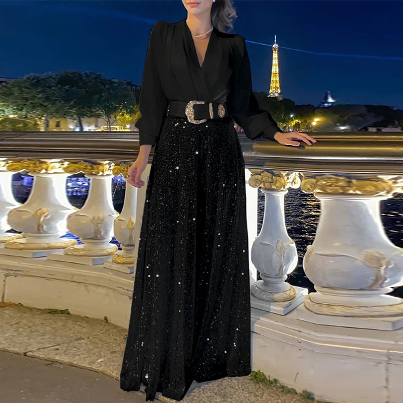 Women's Two Piece Pants Elegant Sequin Wide Leg Pants Office Lady Spring Commute Suits Sexy Party V-Neck Blouse TopTrousers Women Outfits Two Pie