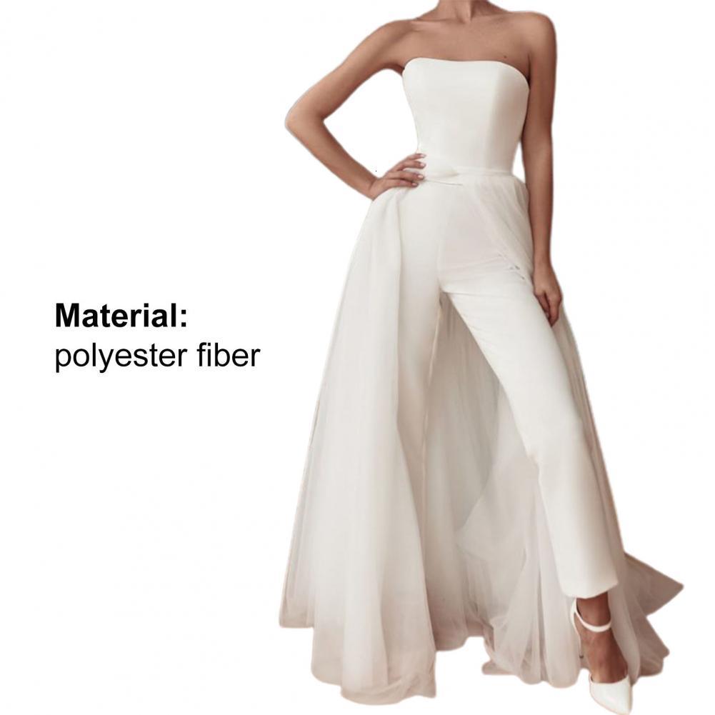 Women's Two Piece Pants Stylish White Backless Tulle Jumpsuit Women Sexy Strapless Jumpsuit Solid Color Slim Asymmetry Sleeveless Bodysuit Summer