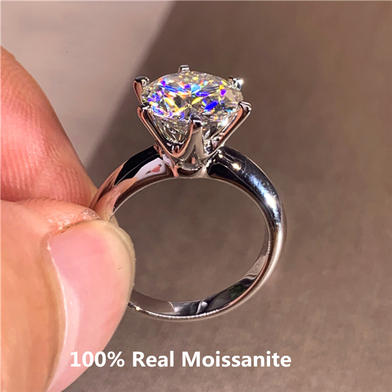 Solitaire Ring Classic 6 Prongs 5 Round Molten Silica Ring in Pure Silver Plated with 14K Gold High Definition DColor Diamond Ring Women's Jewelr