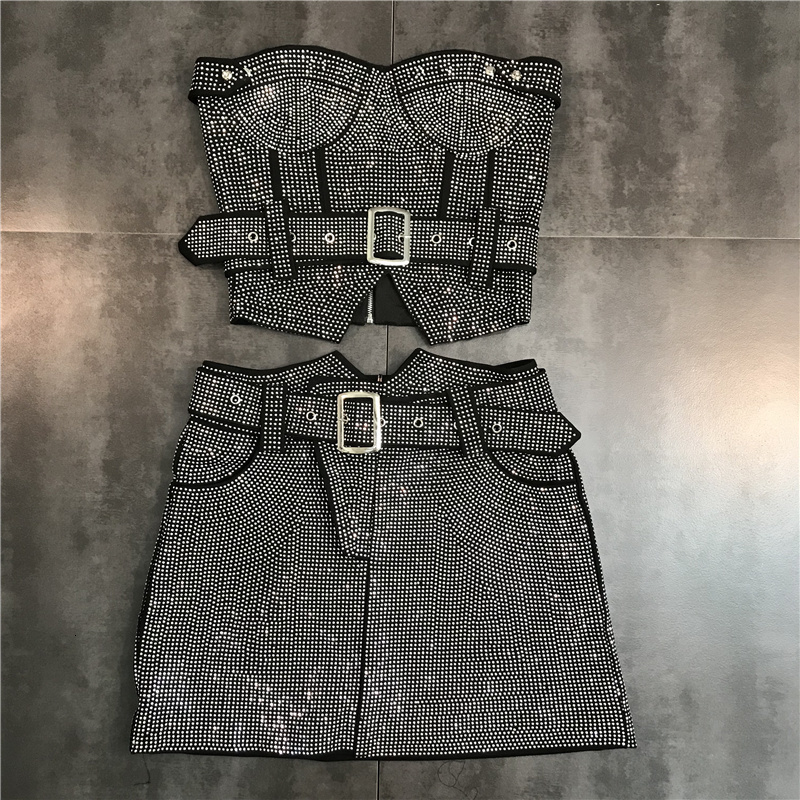 Two Piece Dress PREPOMP Sleeveless Strapless Diamonds Black Slim Tank Top Vest Short Bodycon Skirt Belt Set Outfits GH708 230512