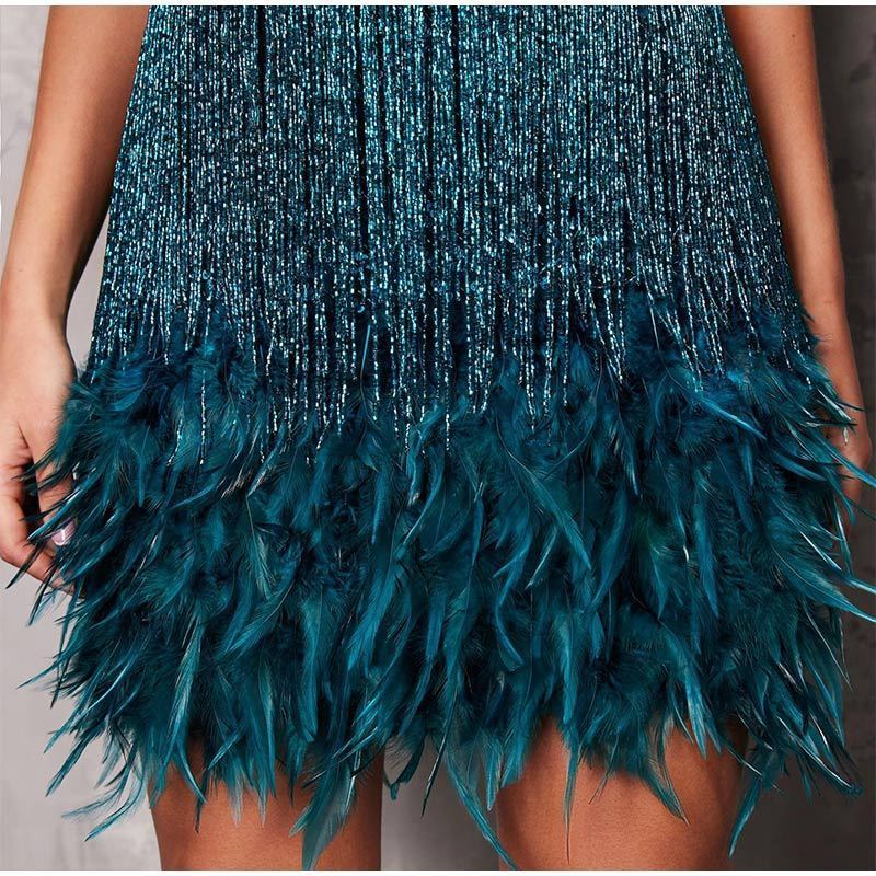 Casual Dresses Vssjavun Sequins Tassel Feather Spaghetti Strap Dress Women Fashion Sexy Stitching Mini Dress Evening Party Club Elegant Dress 230512