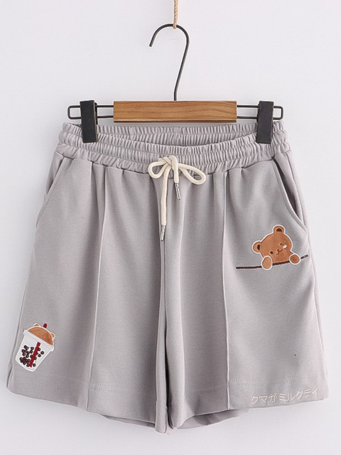 Women's Shorts Cartoon Bear Embroidery Cotton Shorts Women Summer Clothing Sweet Style Kawaii Girls Cute Short Pants Drawstring Bottoms 230515
