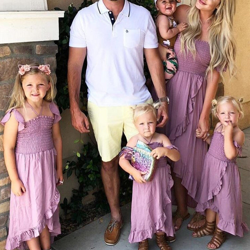 Family Matching Outfits Mother and Daughter Dress Summer Clothes Off Shoulder Short Sleeve Ruffle Mommy Me 230512
