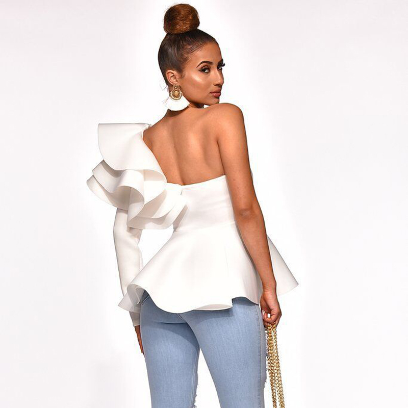 Women's Blouses Shirts One Shoulder Zipper Up Peplum Ruffle Tops Women One Long Sleeve White Blouse Shirt Elegant Ladies Party Blouse Summer 2305