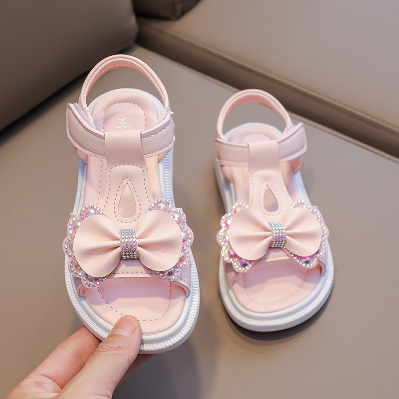 Sandals Summer Kids Sandals for Girls Princess Shoes Baby Fashion Crystal Bowtie Children's Beach Shoes Soft Soled 230515