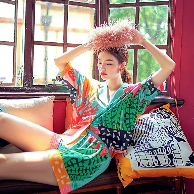 Women's Sleepwear Women Pajama Set Hand Drawn Art Tropical Plants Pyjama Set Silk Like Nightwear Shorts Home Wear Clothes Sleepwear Homewear 2305