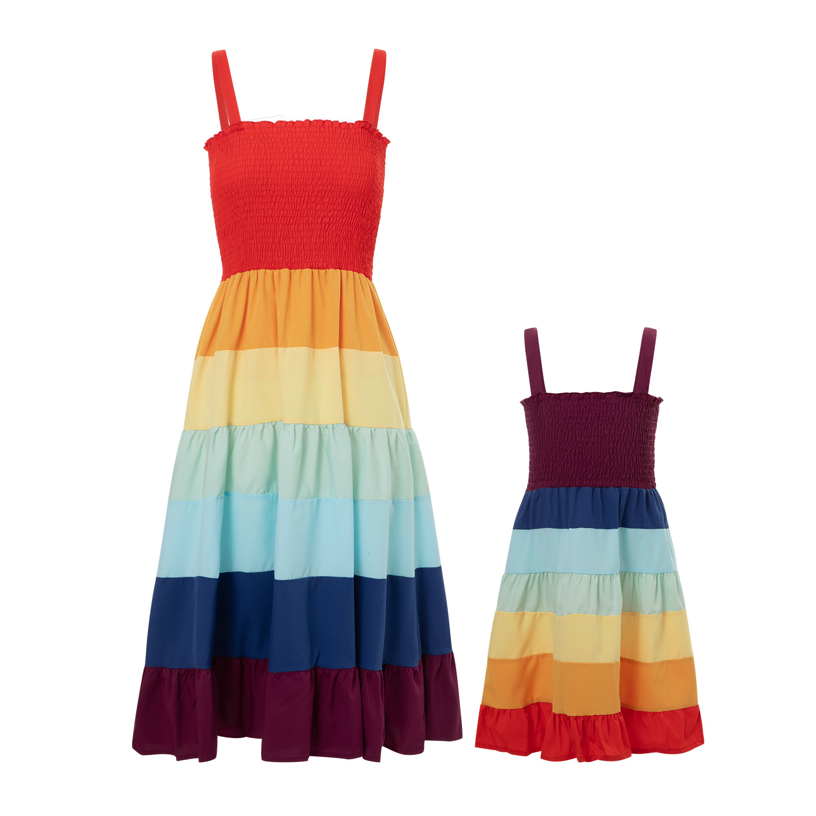 Family Matching Outfits Mother and Daughter Dress Rainbow Stripe Sleeveless Aline Casual Mommy Me Summer Clothes 230512