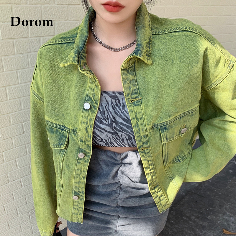Women's Jackets Fashion Green Denim Jacket Harajuku Long Sleeve Vintage Casual Jacket Female Tops Spring Autumn Street Loose Hip Hop Jeans Coat 2