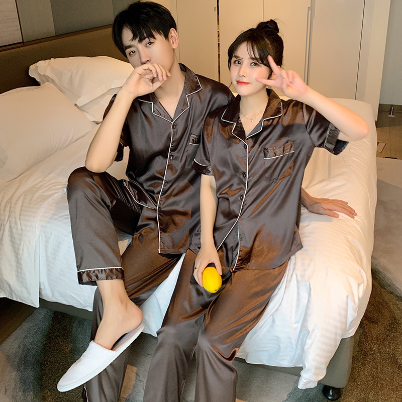 Women's Sleepwear Summer Solid Color Silk Satin Pajamas Couple Set Short Sleeve Trousers Button-Down Lovers Sleepwear Plus Size Pj Set Pyjamas 23