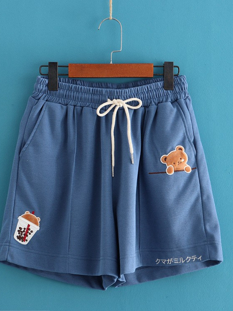 Women's Shorts Cartoon Bear Embroidery Cotton Shorts Women Summer Clothing Sweet Style Kawaii Girls Cute Short Pants Drawstring Bottoms 230515