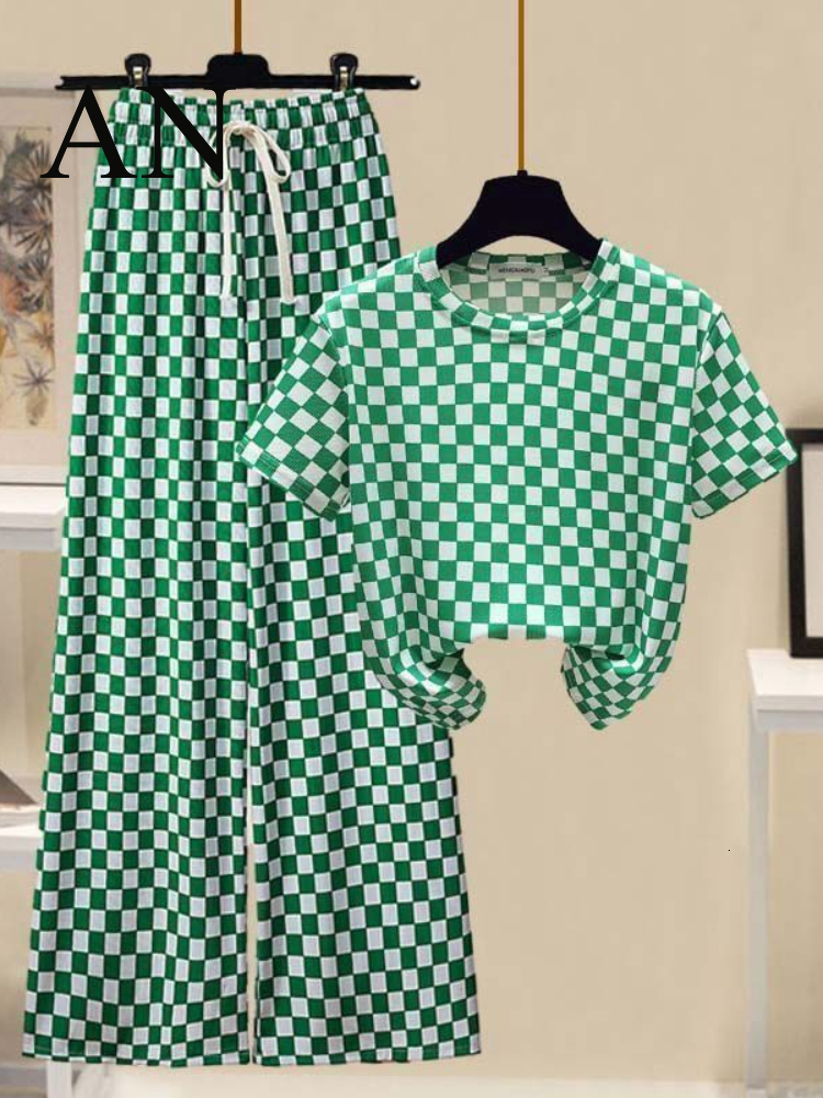 Women's Two Piece Pants Summer Women's Suit Green Plaid T-shirt Laced Pants Two-piece Sports and Leisure Suit Summer Two Piece Set Women 230