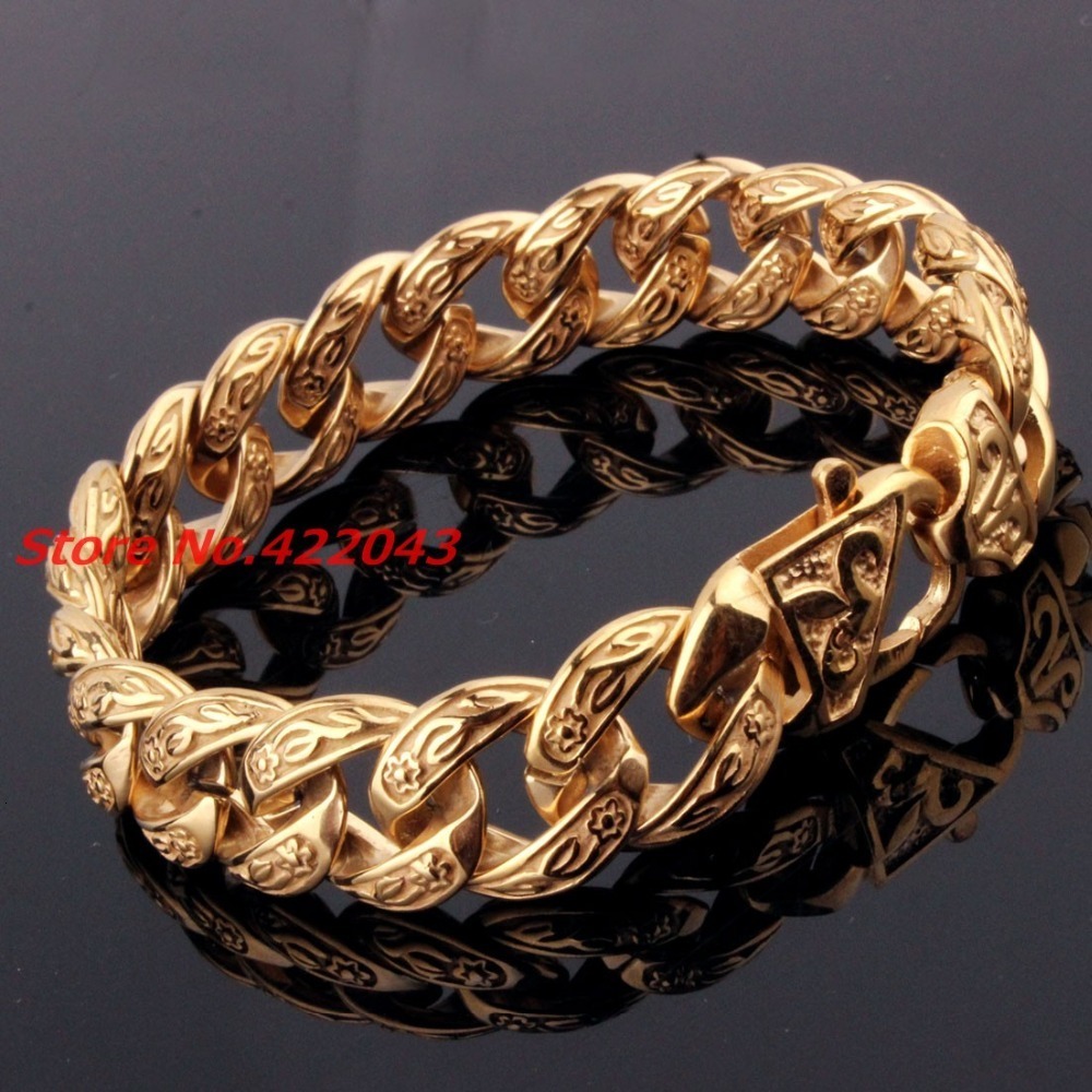 Chain Fashion Men's Bracelet 15mm Pure Gold Stainless Steel Cast Flower Cuban Link Chain Bracelet 9 "Jewelry Top Quality 230512