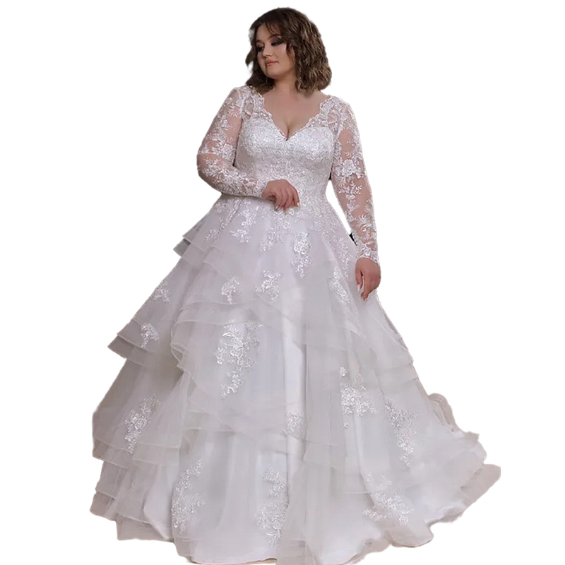 V Neck Plus Size White Wedding Dress Long Sleeves A Line Tulle Bridal Gowns Ruched Tiers Lace Appliques Lace-Up Backless Vestido De Novia Robe Mariage