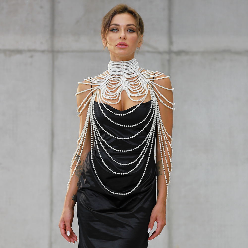 Pendant Necklaces Women's pearl shawl necklace body chain sexy pearl necklace shoulder pearl bra top sweater wedding dress body jewelry 230512