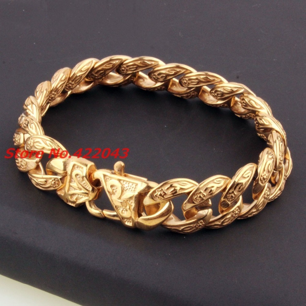 Chain Fashion Men's Bracelet 15mm Pure Gold Stainless Steel Cast Flower Cuban Link Chain Bracelet 9 "Jewelry Top Quality 230512