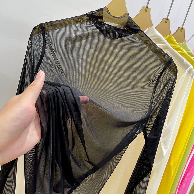 Women's T-Shirt Transparent Gauze Bottoming T-shirt Women Clothing Summer Long Sleeved T-shirt with Gauze Shirt Half High Collar Sunscreen 230515