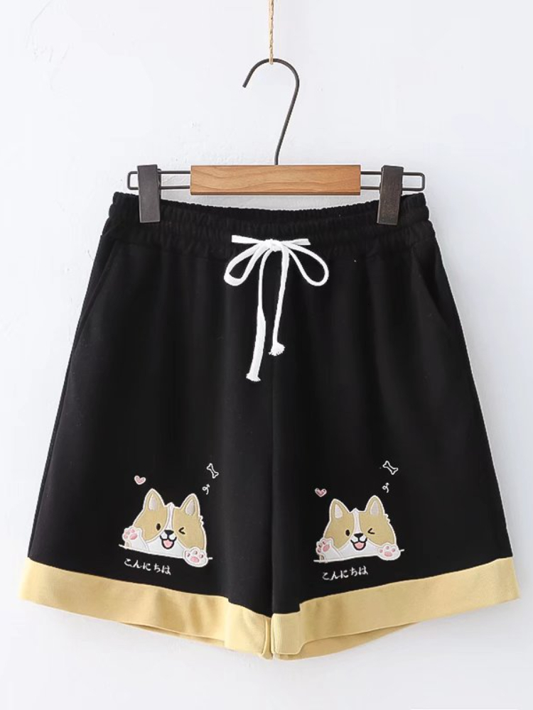 Women's Shorts Cartoon Bear Embroidery Cotton Shorts Women Summer Clothing Sweet Style Kawaii Girls Cute Short Pants Drawstring Bottoms 230515