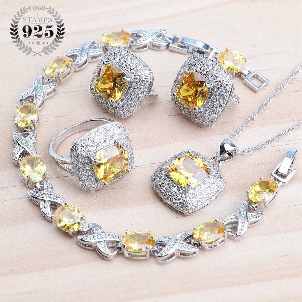 Wedding Jewelry Sets 925 Sterling Silver Jewelry Sets Bridal For Women Rings Wedding Jewelry Yellow Zircon Earrings Pendant Necklace Bracelets Set 230