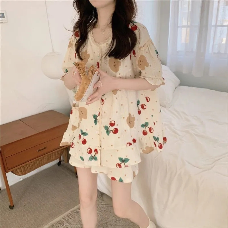 Women's Sleepwear Pajama Sets Lace Decoration Short Sleeve Women Summer Cotton Yarn Cherry Bear Print Cartoon Trendy Womens 2pcs Pyjamas Elegant 