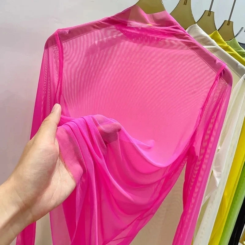 Women's T-Shirt Transparent Gauze Bottoming T-shirt Women Clothing Summer Long Sleeved T-shirt with Gauze Shirt Half High Collar Sunscreen 230515