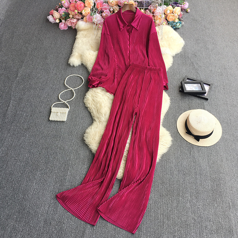 Women's Two Piece Pants Casual Women Elegant Pleated Two Piece Set Long Sleeve Shirt And Wide Leg Pant Suits Loose Office Lady Outfits Autumn