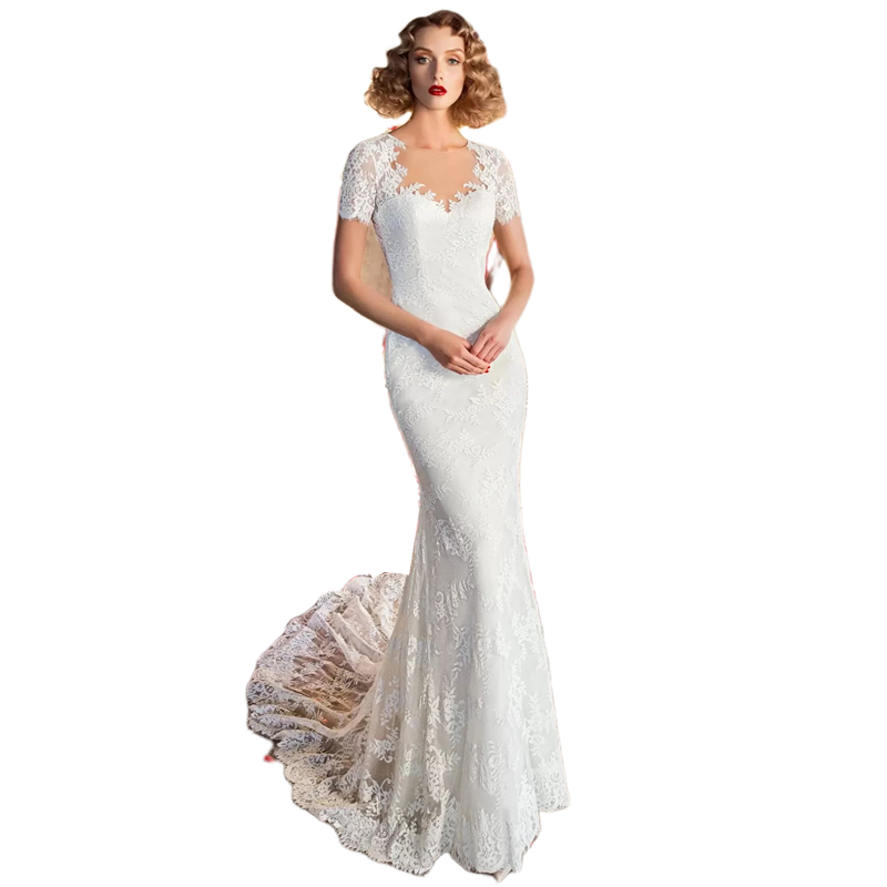 Vintage Lace Mermaid Wedding Dresses With Short Sleeves Sheer Back Long Elegant Bridal Gowns Court Train 2023 Vestido De Novia Robe Mariage