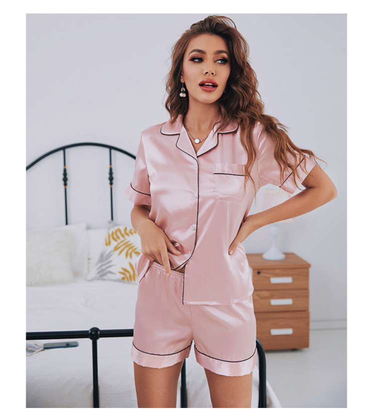 Women's Sleepwear Womens Silk Satin Pajamas Set Short Sleeve Two-piece Pj Sets Sleepwear Loungewear Button-Down 230515