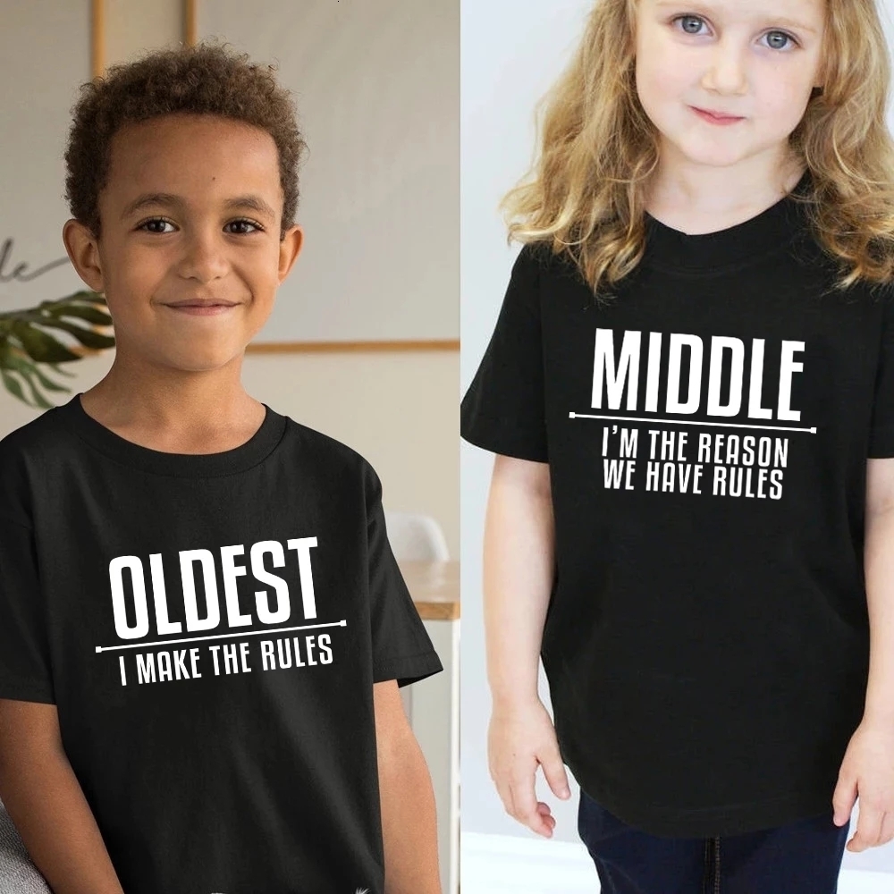Family Matching Outfits Rules Shirts Dad Mom Oldest Middle Youngest Kids Tshirts Black Cotton Daddy Mommy and Me Baby Clothes 230512