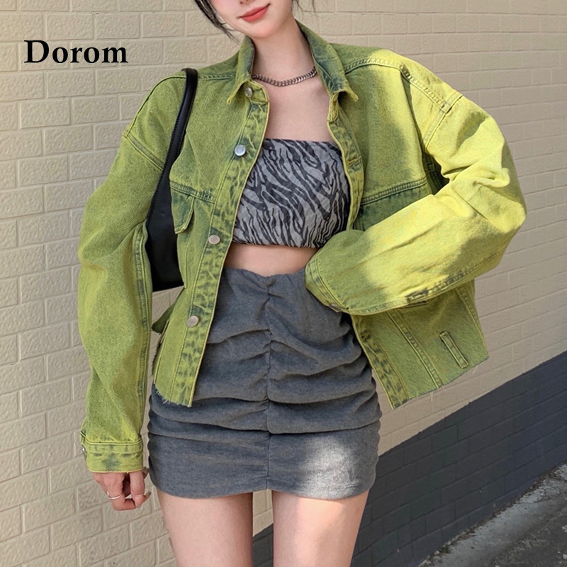 Women's Jackets Fashion Green Denim Jacket Harajuku Long Sleeve Vintage Casual Jacket Female Tops Spring Autumn Street Loose Hip Hop Jeans Coat 2