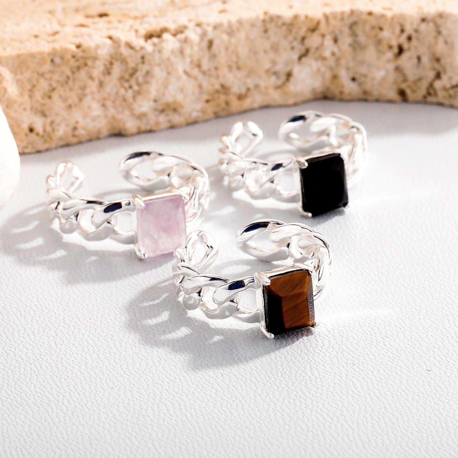 S925 Sterling Silver Square Natural Crystal Ring For Women Open Cuff Adjustable Hollow Cuban Chain Finger Band Rings Korean Style INS Niche Design Ope