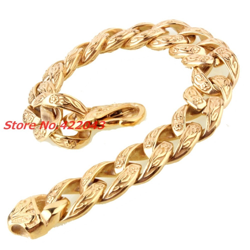 Chain Fashion Men's Bracelet 15mm Pure Gold Stainless Steel Cast Flower Cuban Link Chain Bracelet 9 "Jewelry Top Quality 230512