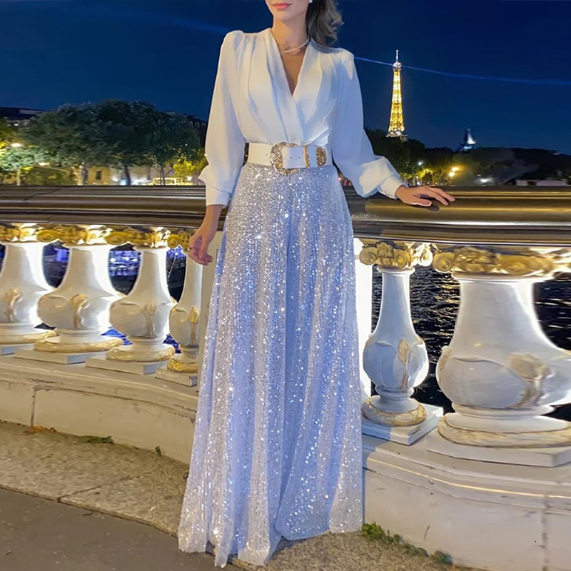 Women's Two Piece Pants Elegant Sequin Wide Leg Pants Office Lady Spring Commute Suits Sexy Party V-Neck Blouse TopTrousers Women Outfits Two Pie