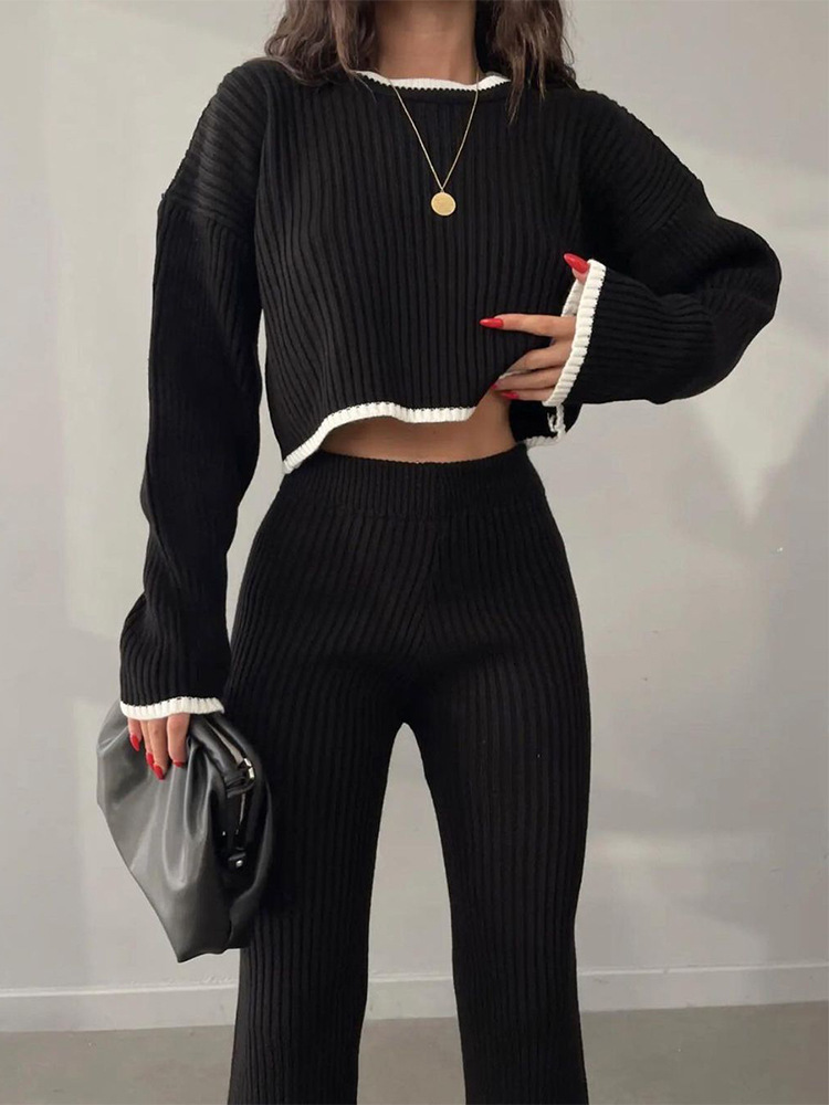 Women's Two Piece Pants Women's Casual Spliced Side Split Pants Set Knitted Two Piece Women's Spring Umbilical Sweater High Waist Women