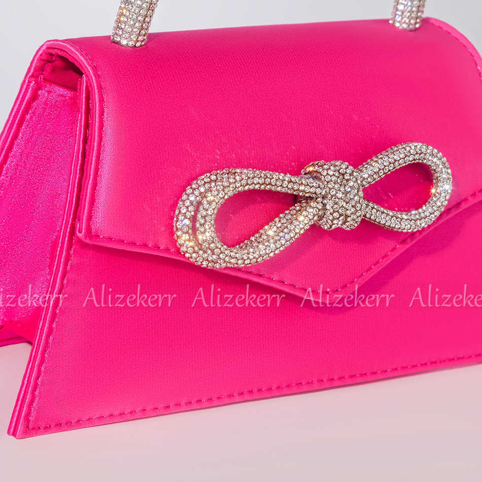 Shoulder Bag Rhinestone Bow Satin Handbags Elegant Boutique Crystal Top Handle Evening Clutch Purses Chain Crossbody Wedding Party 230509