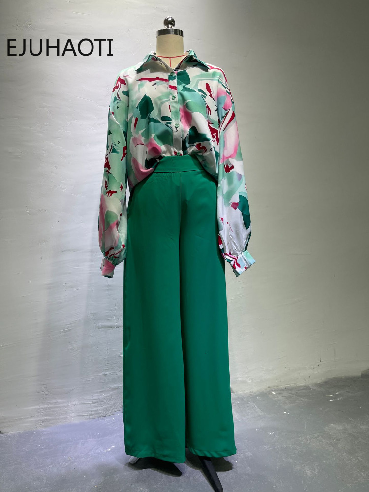 Women's Two Piece Pants Women Summer Loose Oversize Casual Printed Shirt and Wide Leg Pants Two-piece Set 2 Piece Sets Womens Outfits Sexy Blouse