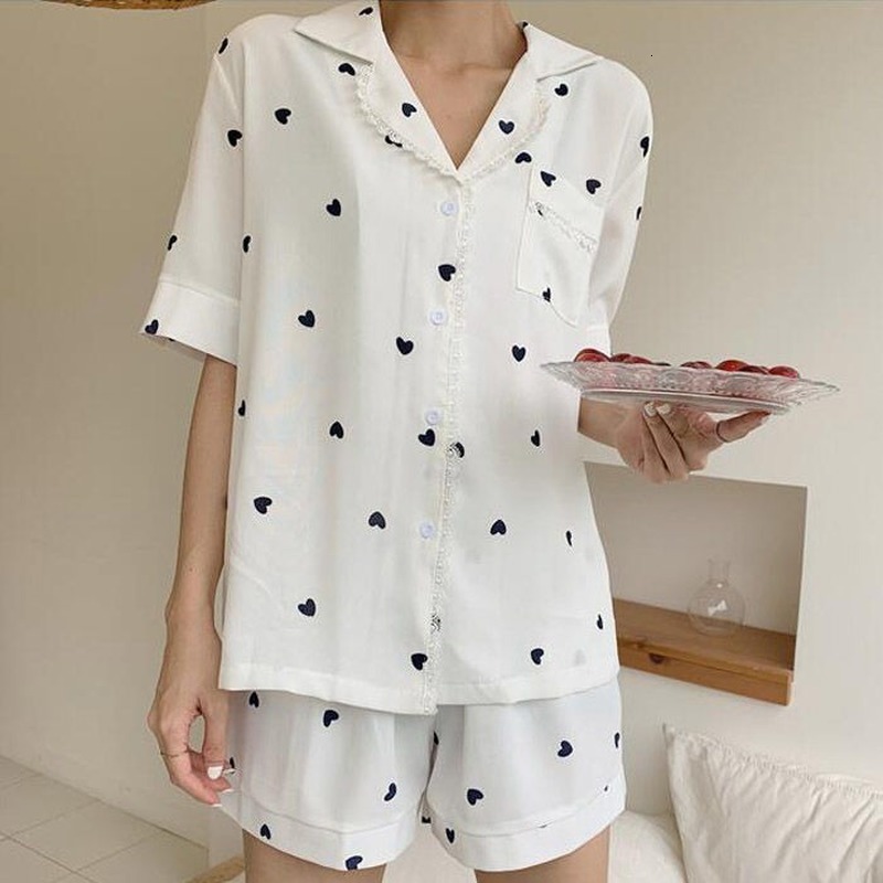 Women's Sleepwear QWEEK Pajamas for Women Home Clothes Pijamas Ladies Heart Print Nightie Lounge Wear Sexy Sleepwear Two Piece Set Pyjamas Summer