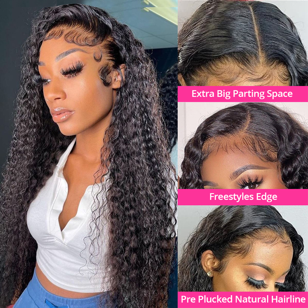 180Ddensity Curly Simulation Human Hair Wigs Brazilian Water Wave Lace Front Wigs For Black Women Pre Plucked Black Color Deep Wave Synthetic Frontal 