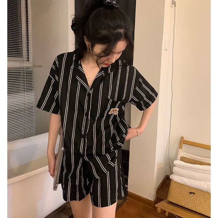 Women's Sleepwear Pijama Summer Nightwear Female Short Sleeve ins cartoon cute bear pocket print Student Korean cardigan home suit 230515