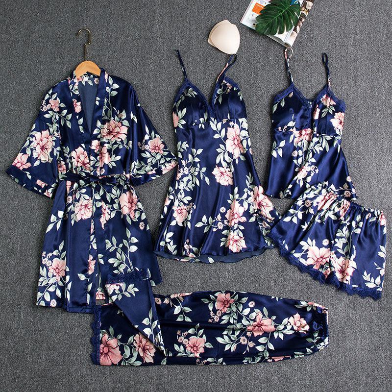 Women's Sleepwear Sleepwear Female 5PCS Pajamas Set Satin Pyjamamas Lace Patchwork Bridal Wedding Nightwear Rayon Home Wear Nighty Robe Suit 2305
